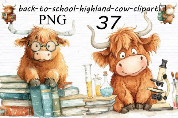 Back to School Highland Cow Clipart PNG: Adorable, Ready-to-Use Watercolor Graphics for Educators and Creatives