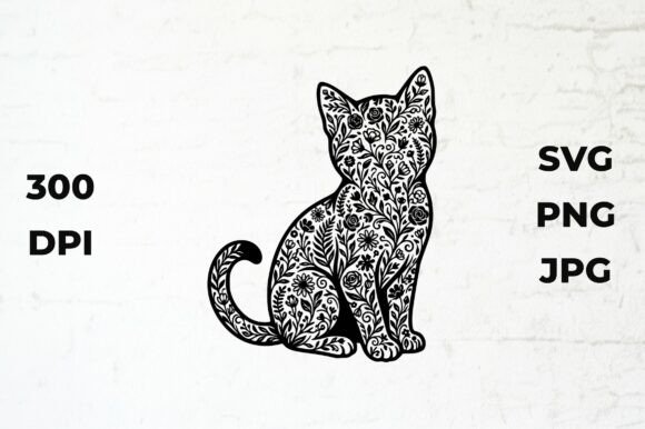 Black and White Floral Cat Silhouette