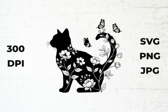 Black Cat Silhouette with Floral Design