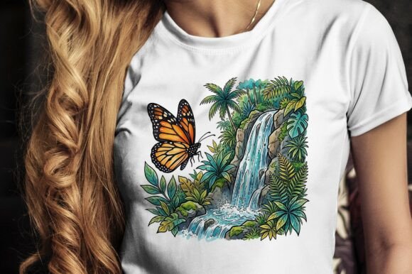 Butterfly in Tropical Waterfall Jungle