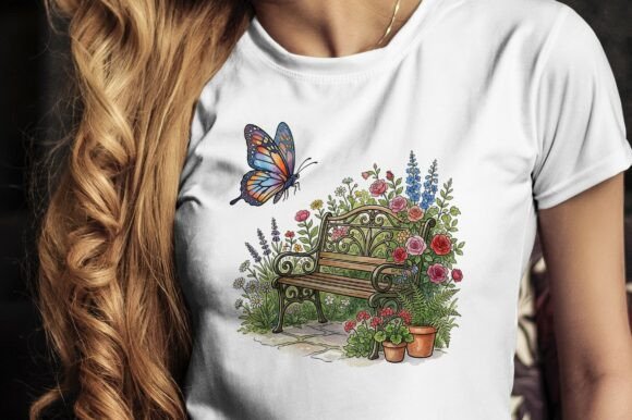 Butterfly on Floral Garden Bench