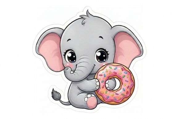 Cute Baby Elephant with Donut Sticker: Playful Kawaii Charm for Every Creative Project