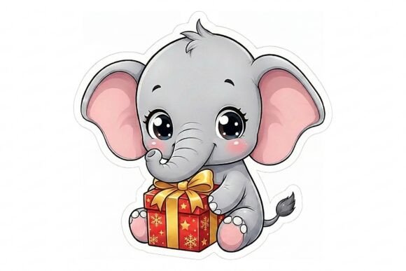 Cute Baby Elephant with Gift Sticker PNG
