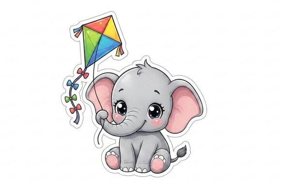 Cute Baby Elephant with Kite Sticker
