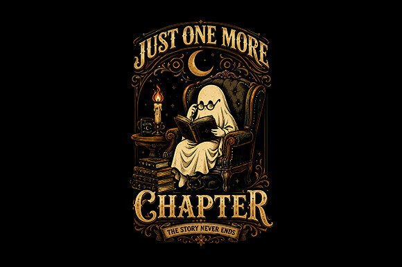 Ghost Reading Book PNG & Halloween PNG: “Just One More Chapter” Design