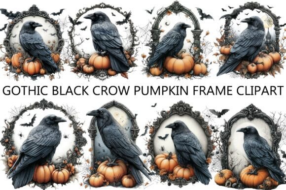 Gothic Black Crow Pumpkin Frame Clipart