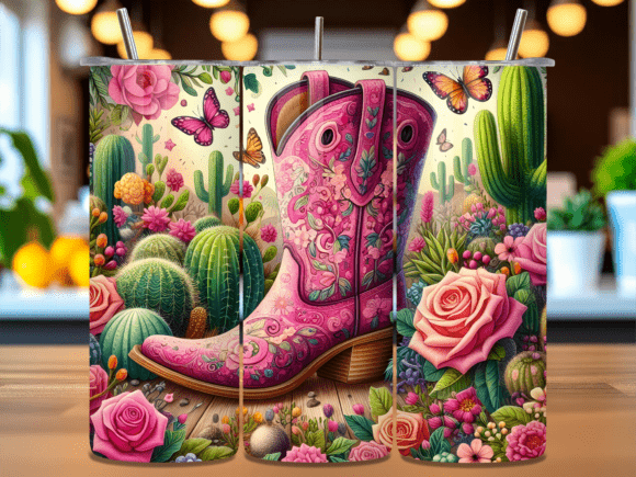 Pink Cowgirl Boots Tumbler Wrap PNG