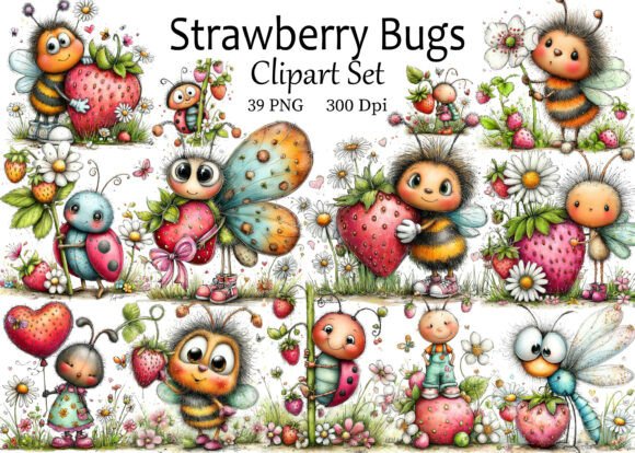Strawberry Bugs PNG Clipart Set