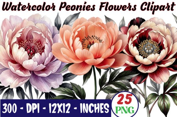 Watercolor Peonies Flowers Clipart
